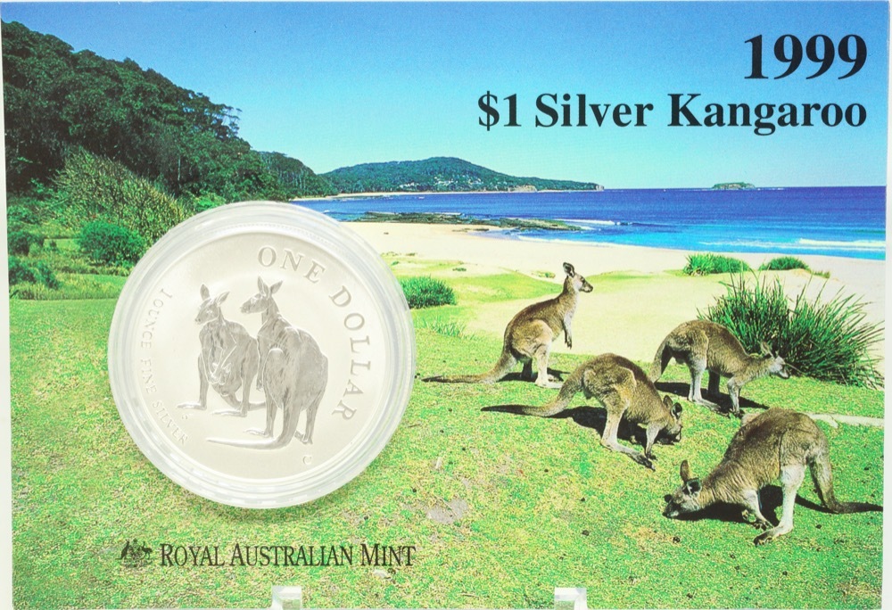 1999 One Dollar Silver Kangaroo Unc Coin Two Kangaroos product image