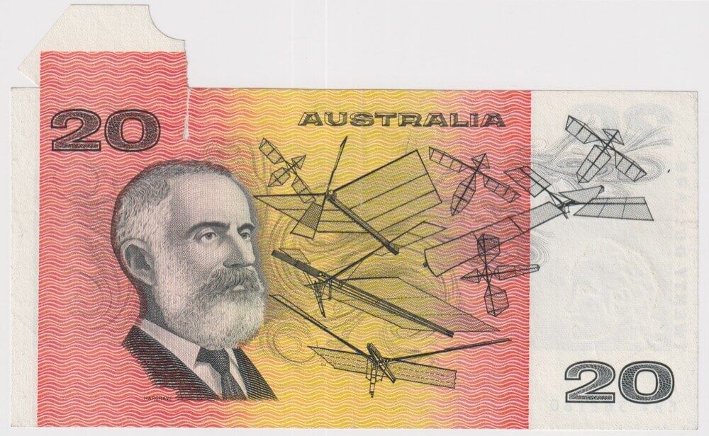 1985 $20 Note Gothic Serials Side Thread Johnston/Fraser Flap Error R409B Extremely Fine