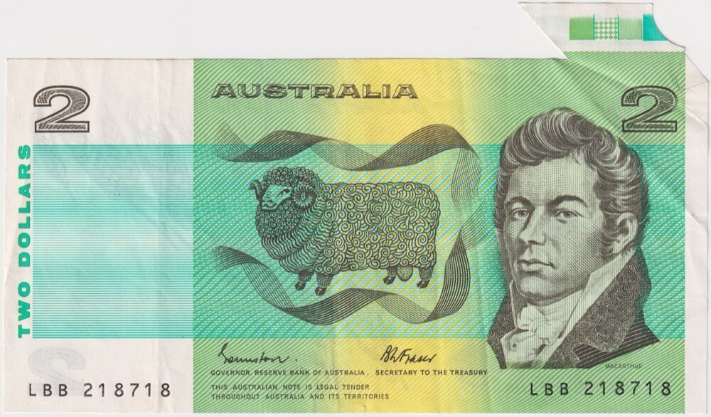 1985 $2 Note 28mm Print Flap Error Johnston/Fraser R89 Extremely Fine product image