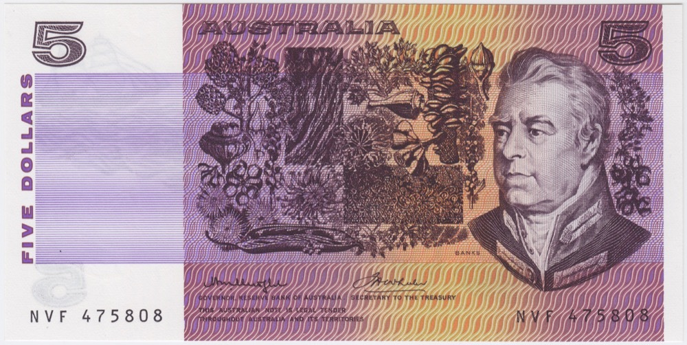 1976 $5 Note OCR-B Serials Side Thread Knight/Wheeler R206C Uncirculated product image