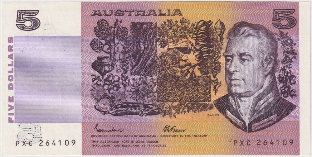 1985 $5 Note OCR-B Serials Side Thread Johnston/Fraser Wet Ink Transfer Error R209A Extremely Fine product image