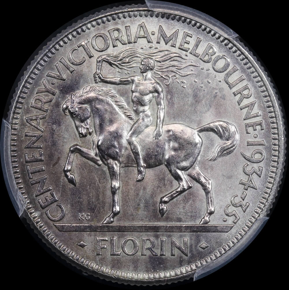 1934/5 Florin Melbourne Centenary PCGS Genuine - Cleaned UNC Detail product image