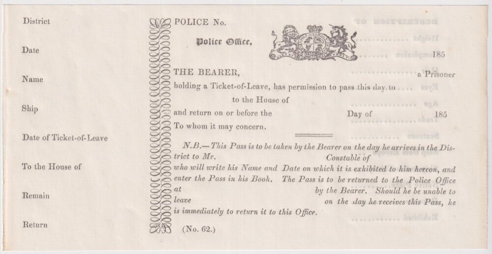 Tasmania 1850's Convict Ticket of Leave product image