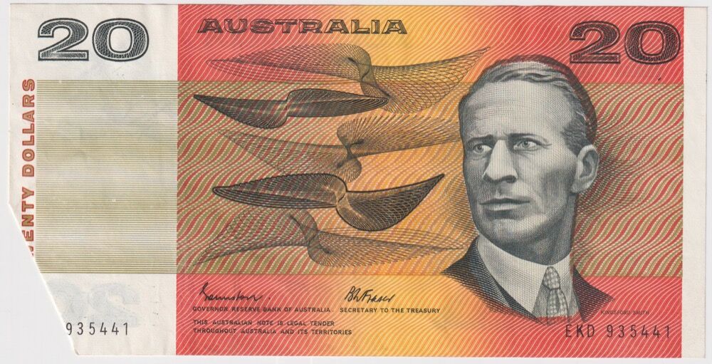 1985 $20 Note OCR-B Serials Side Thread Flap Error Johnston/Fraser R409A about EF product image