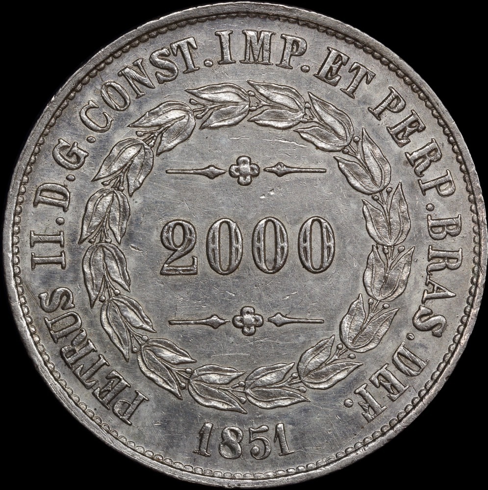 Brazil 1851 Silver 2,000 Reis KM# 462 good EF product image