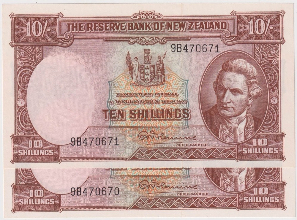 New Zealand 1956 10 Shillings Consecutive Pair Fleming Pick#158d Uncirculated product image