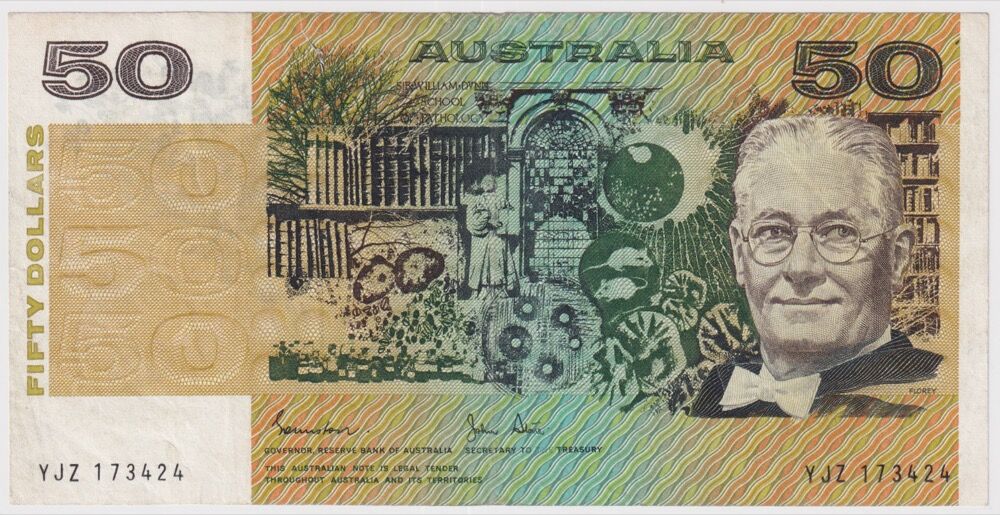 1985 $50 Note Gothic Serials Side Thread Johnston/Fraser Missing Intaglio Error R509A Very Fine product image