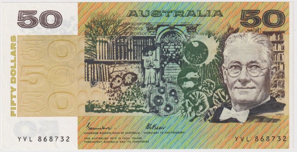 1988 $50 Note OCR-B Serials Side Thread Johnston/Fraser R509B Uncirculated product image