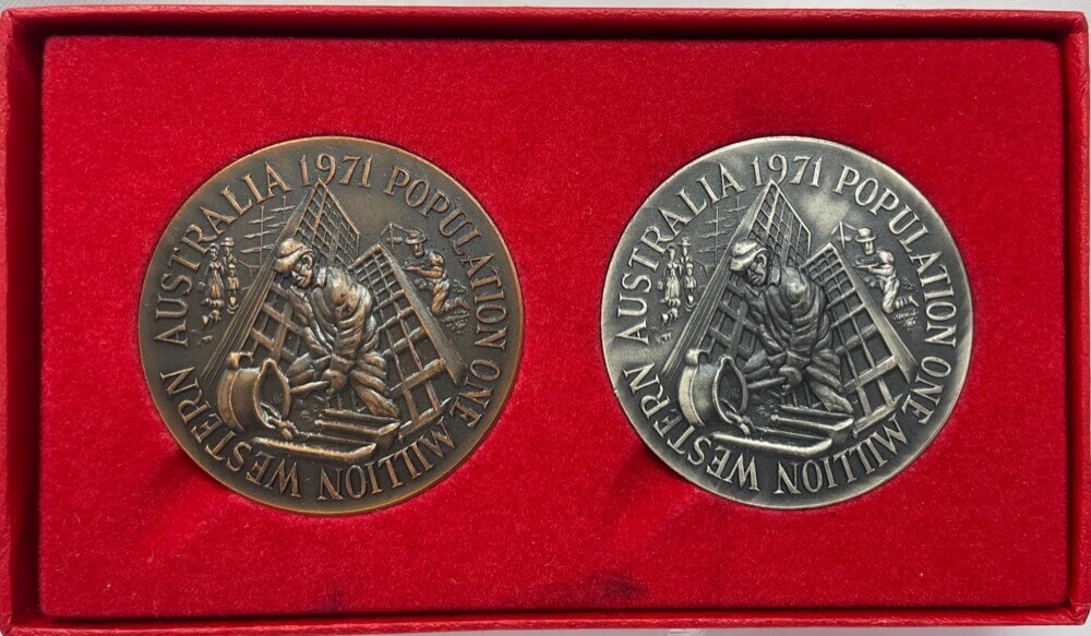 1971 Silver and Bronze Medallion Pair Sunday Times and Radio 6KY WA Population - 1 Million by Olson product image