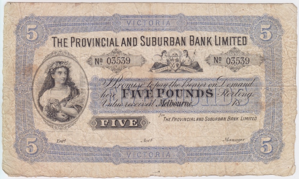 Provincial And Suburban Bank Unissued Five Pounds Victoria 18-- MVR#2a good VF product image