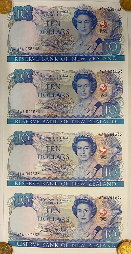 New Zealand 1990 10 Dollars Uncut Strip of 4 Notes  Pick#176 cf Uncirculated Commemorative product image
