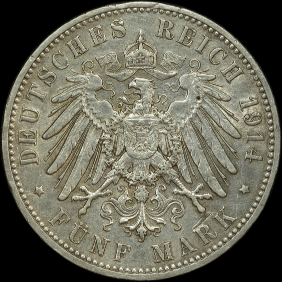 German States (Saxony) 1914 Silver 5 Marks KM# 1266 good EF product image