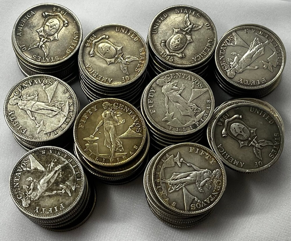 Bulk Lot of 95 * Philippines 50 Centavos (1907~1945) ASW 22.9045ozt product image