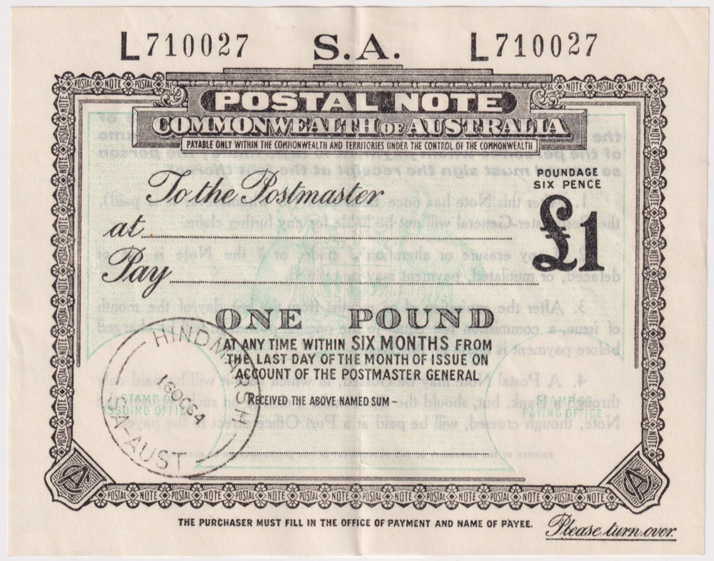 Commonwealth of Australia (SA) 1964 One Pound Postal Note product image