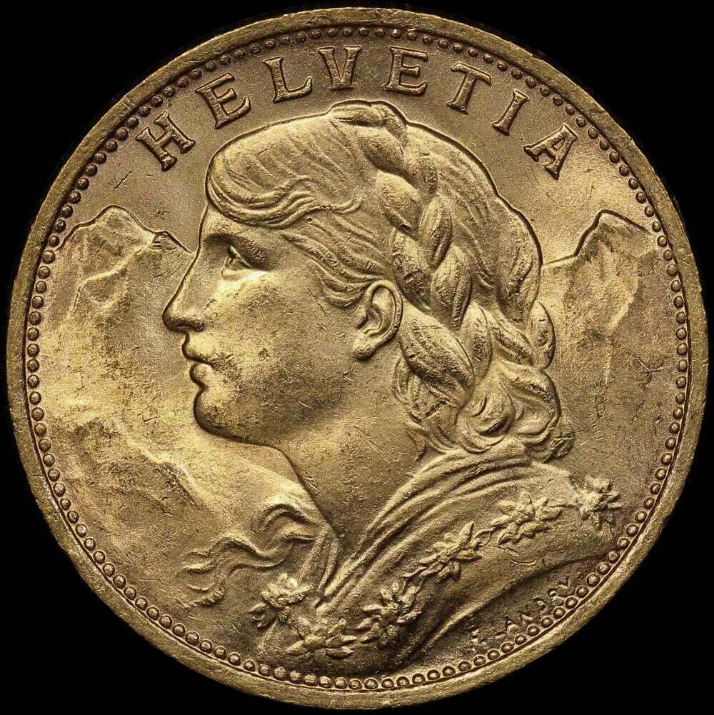 Switzerland 1922-B Gold 20 Francs KM# 35.1 Uncirculated product image