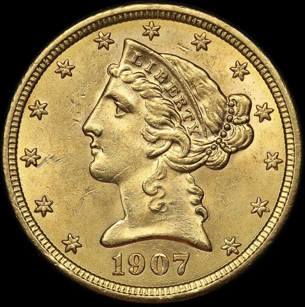 United States 1907 Gold 5 Dollar Half Eagle Uncirculated product image