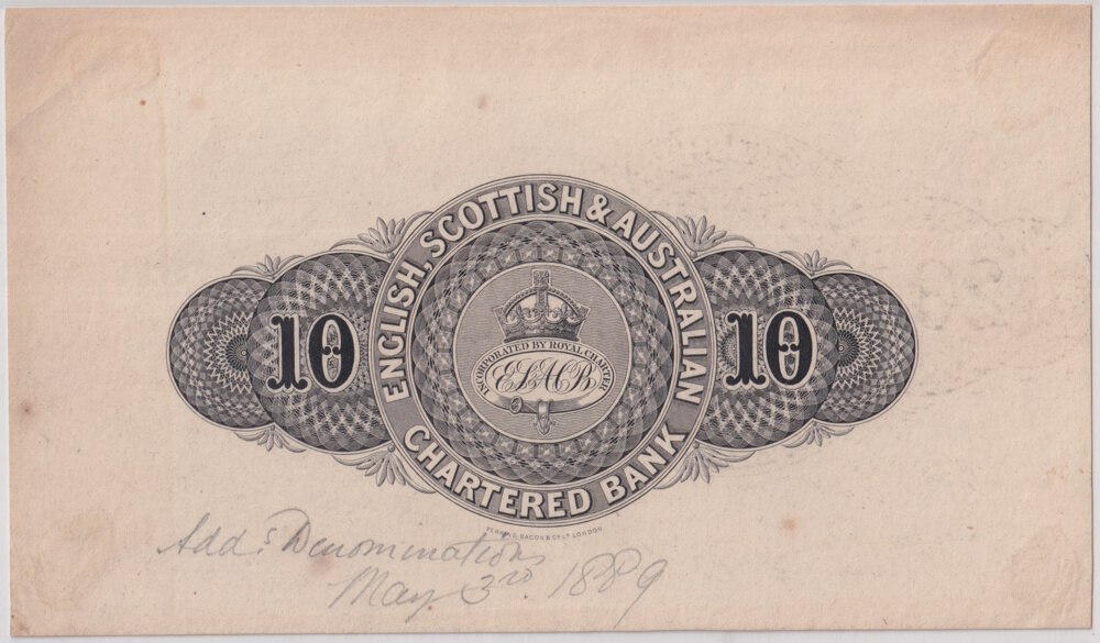 English, Scottish & Australian Chartered Bank 1889 Ten Pound Printers Proof PMG 55 About Unc product image