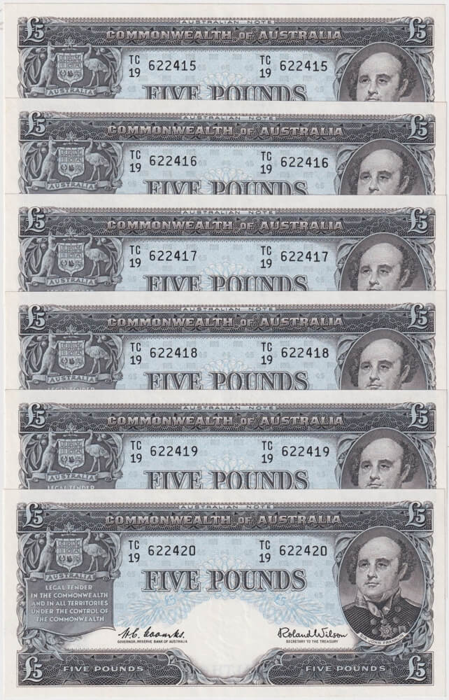 1960 Five Pound Consecutive Run of 6 Coombs/Wilson R50 about Unc product image