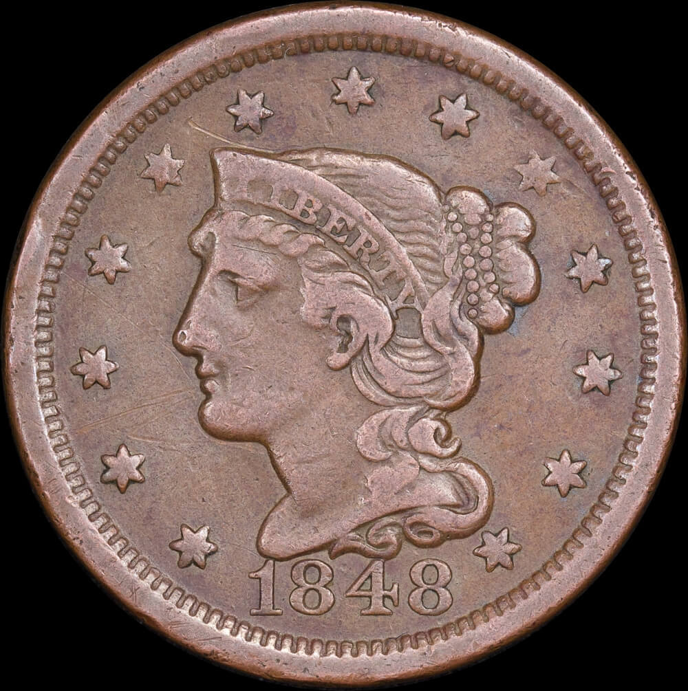 United States 1848 Copper Braided Hair Cent KM# 67 Very Fine product image