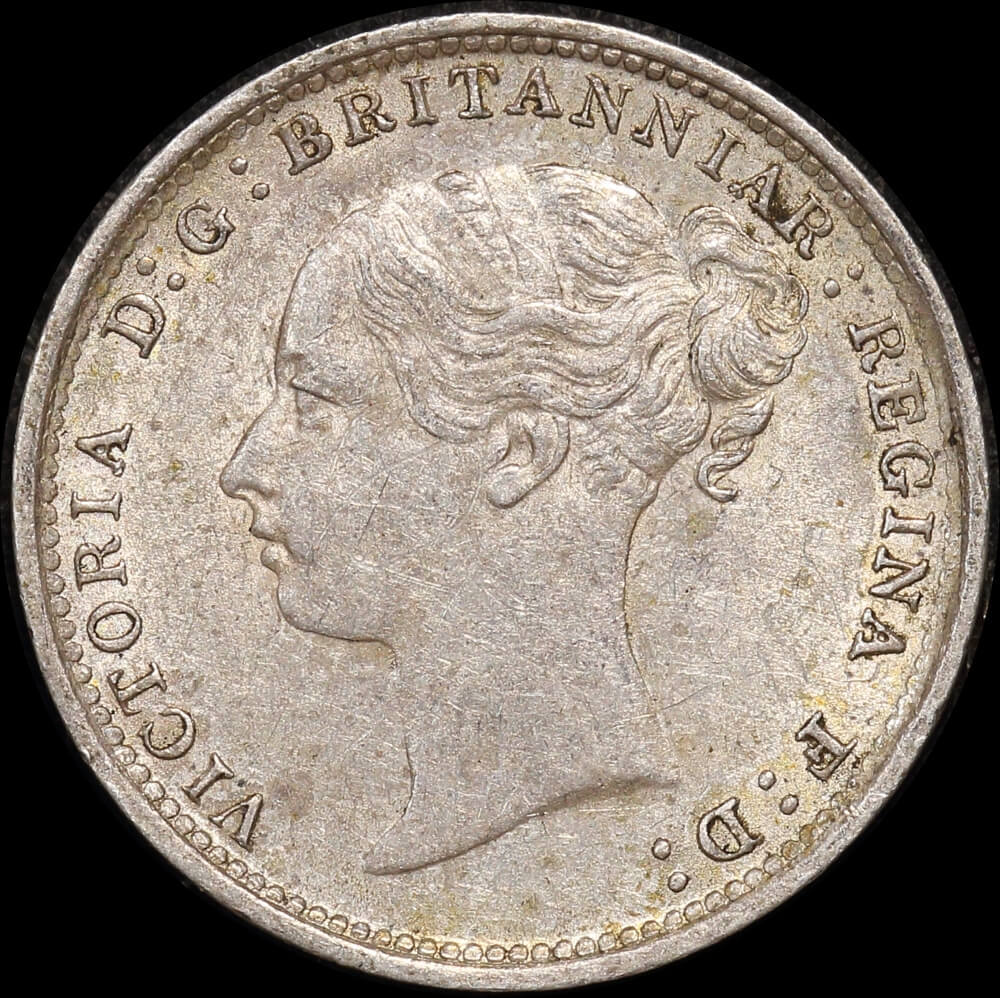 1887 Silver Threepence Victoria Young Head S#3914d good EF product image