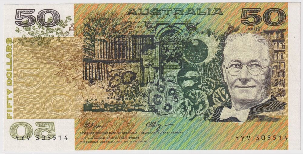 1990 $50 Note Fraser/Higgins Wet Ink Transfer Error R512 good EF product image