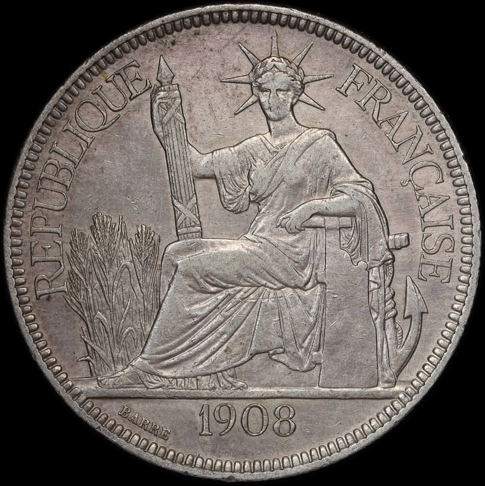 French Indo-China 1908 Silver Piastre KM#5a.1 good EF product image