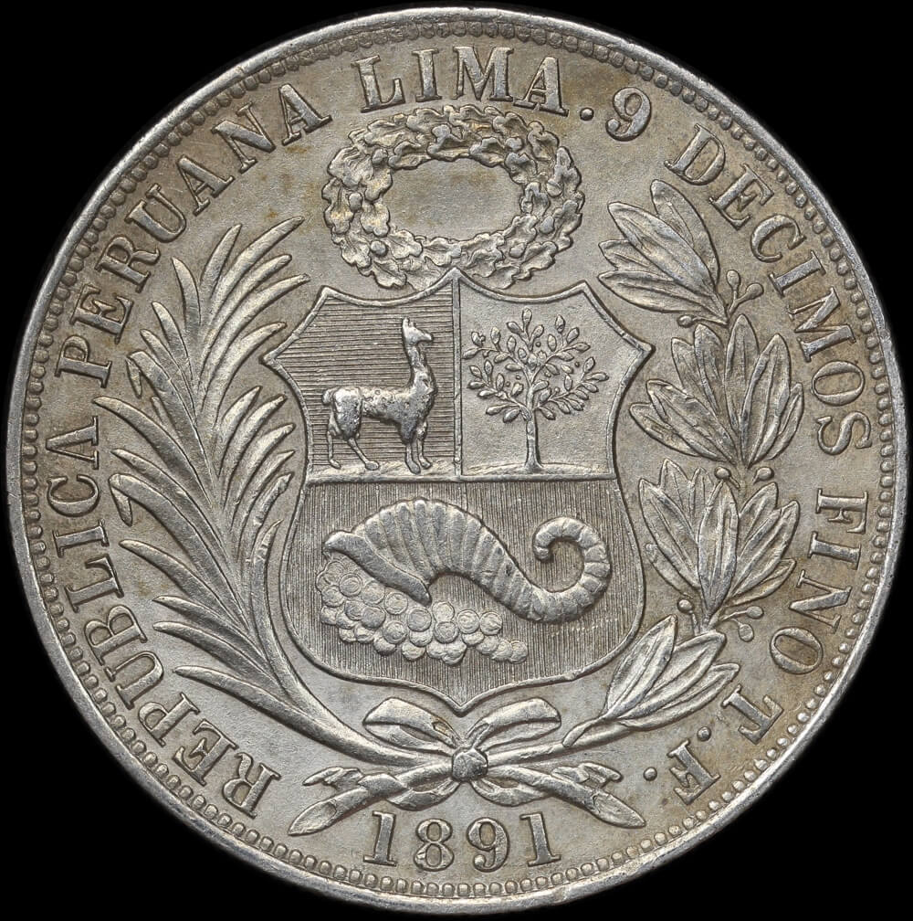 Peru 1891 Silver Sol KM# 196.24 Good EF product image