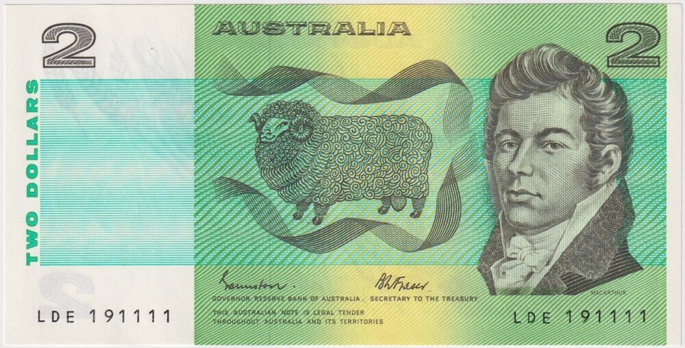 1985 $2 Note Johnston/Fraser R89 Uncirculated Fancy Serial Number LDE 191111 product image