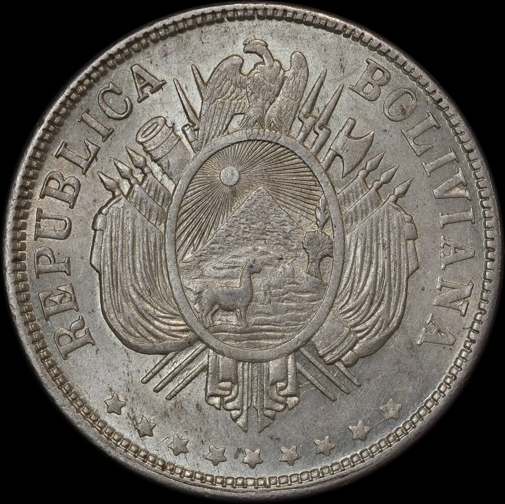 Bolivia 1872 Silver Boliviano KM# 160.1 good EF product image