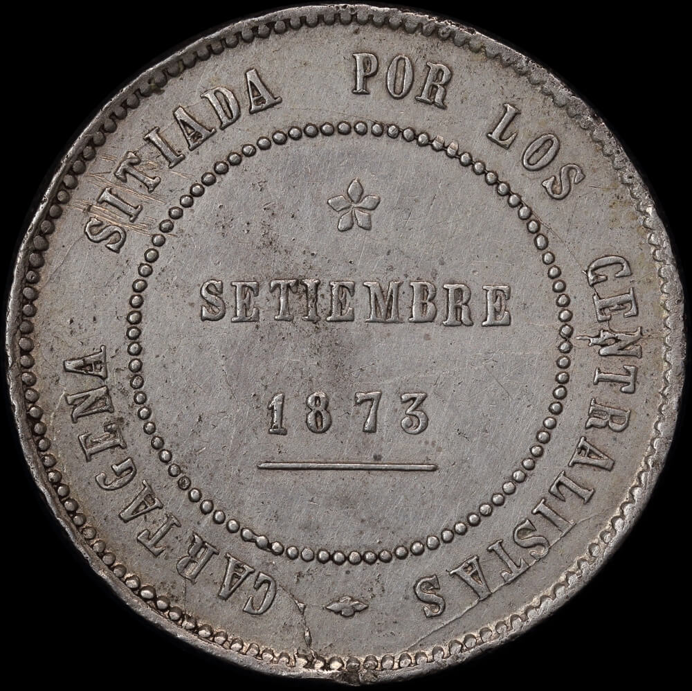 Spain 1873 Silver 5 Pesetas Siege Coin KM#716 good VF product image