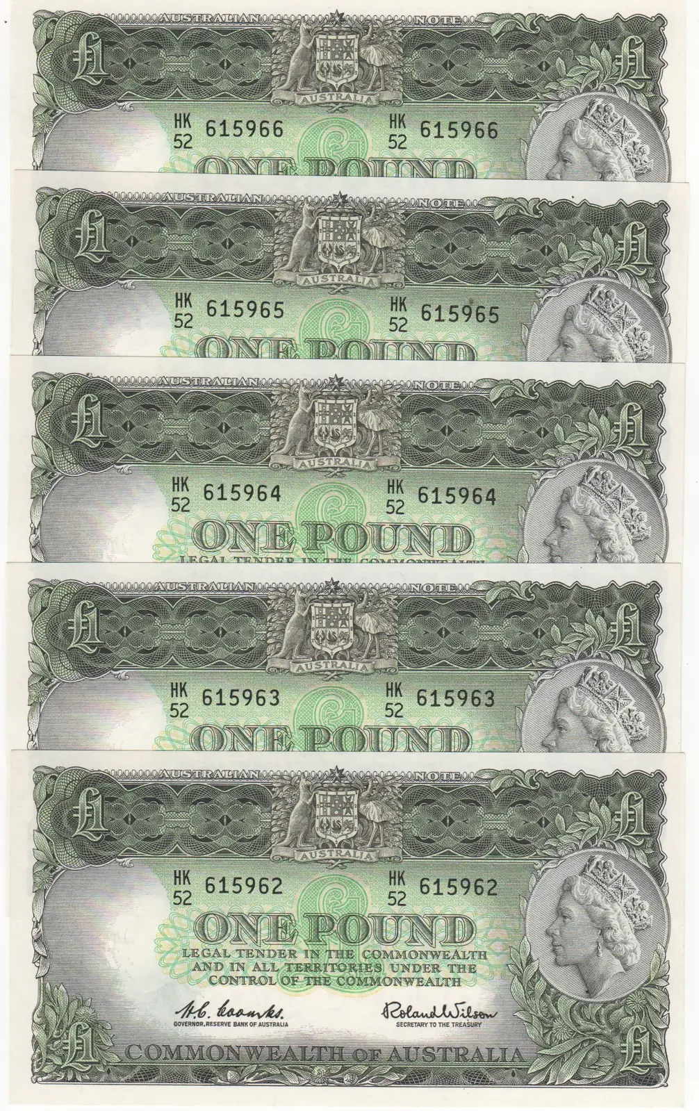 1961 One Pound Consecutive Run of 5 Coombs/Wilson R34B Uncirculated product image