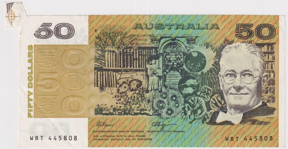 1990 $50 Note Fraser/Higgins Flap Error R512 good EF product image