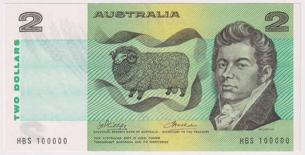 1974 $2 Note Australia Phillips/Wheeler R85 good EF 100k Serial Number product image