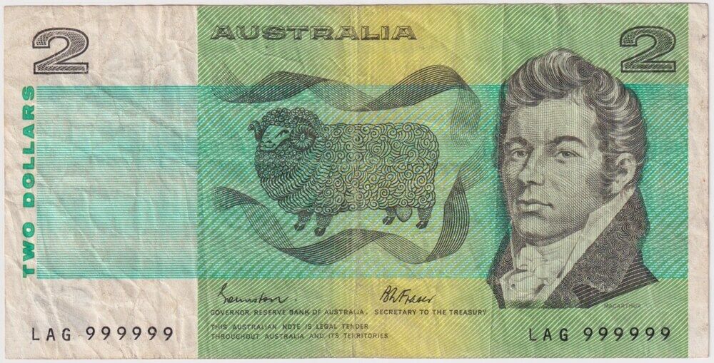 1985 $2 Note Johnston/Fraser R89 Very Fine - Solid Serial Number LAG 999999 product image