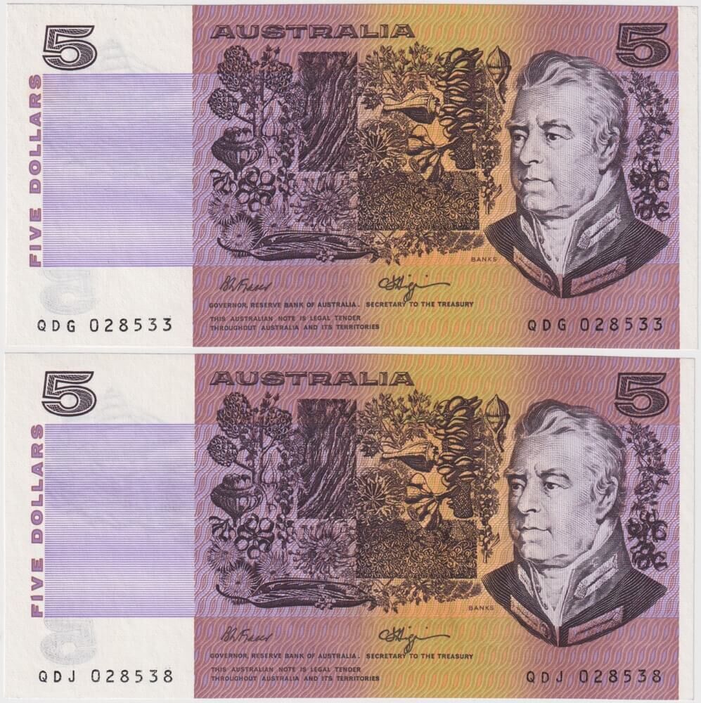 1990 $5 Note Pair Fraser/Higgins Partial Missing Intaglio R212 Uncirculated product image