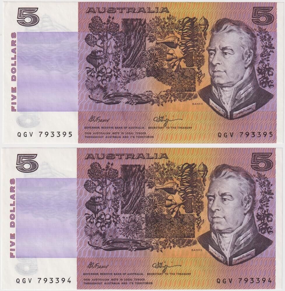 1990 $5 Note Pair Fraser/Higgins Intaglio Obstruction R212 Uncirculated product image