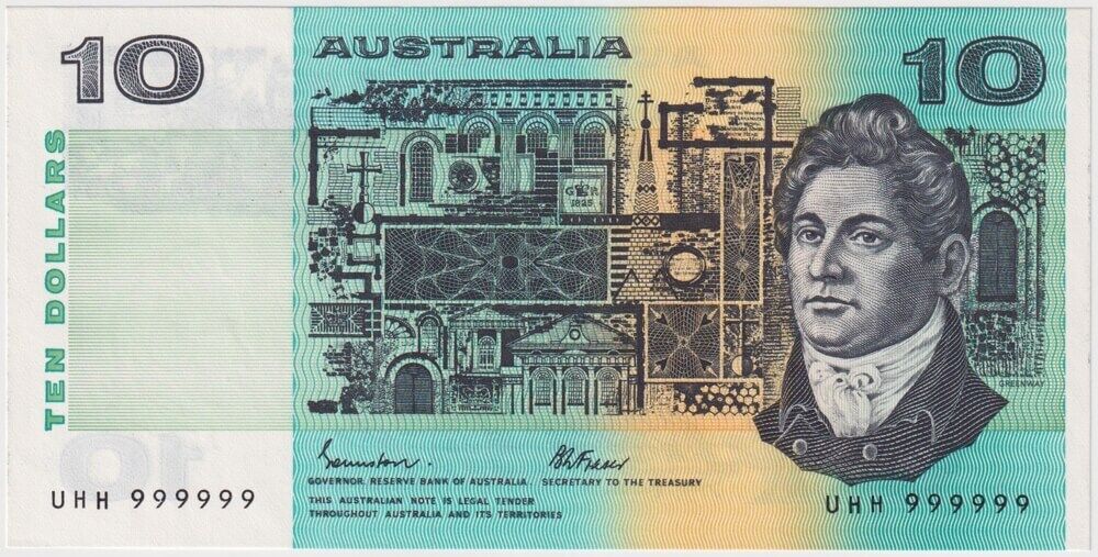 1985 $10 Note Paper Johnston/Fraser R309 Uncirculated - Solid Serial Number UHH 999999 product image