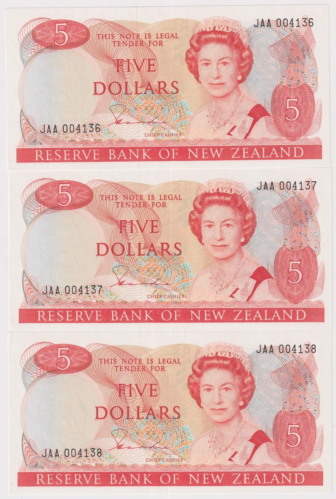 New Zealand 1981 Consecutive Trio of $5 Notes JAA First Prefix P#171af Uncirculated product image