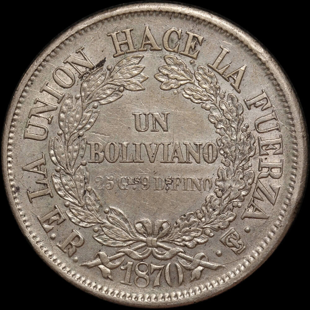 Bolivia 1870 Silver Boliviano KM#155 good EF product image