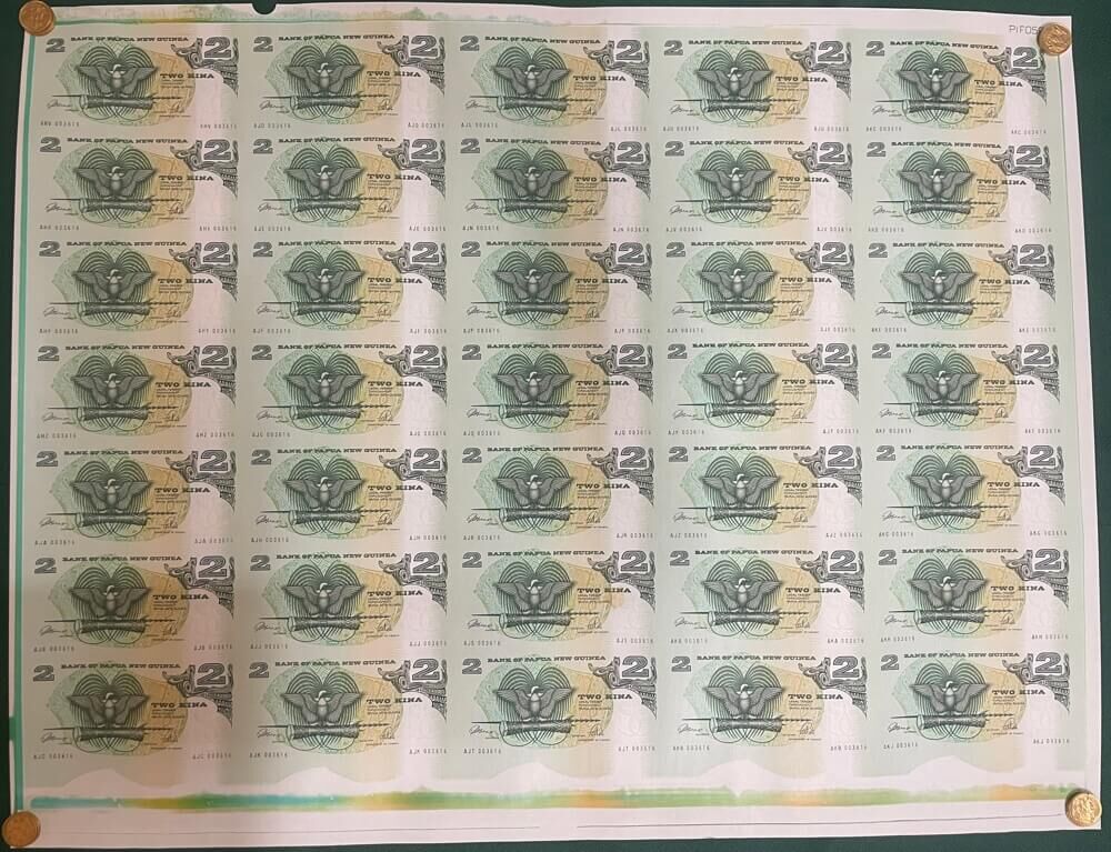 Papua New Guinea 1990 Uncut Sheet of 35 2 Kina Notes Uncirculated product image