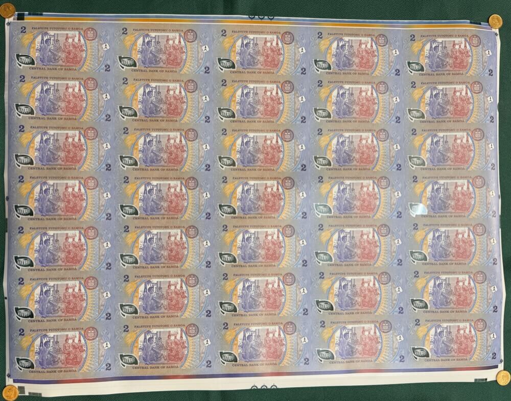 Samoa 1990 2 Tala Uncut Sheet of 35 Notes  Uncirculated product image