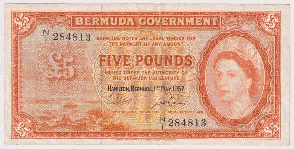 Bermuda 1957 5 Pounds Note P#21c good VF - With Security Thread product image