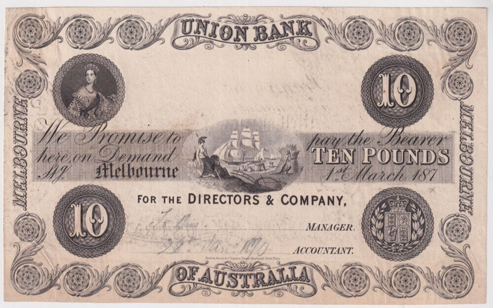 Union Bank of Australia (Melbourne) 1870 10 Pounds Unissued Printer's Proof MVR# 2a Uncirculated product image