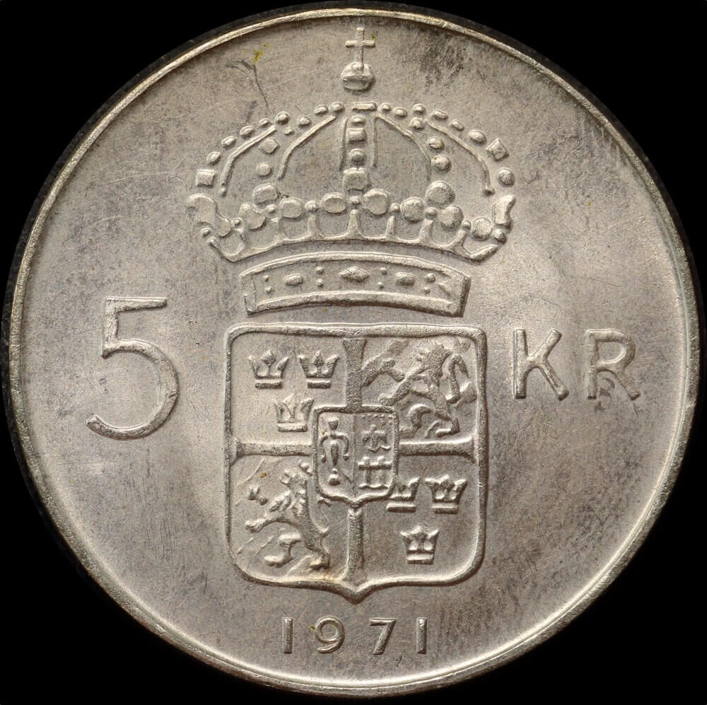 Sweden 1971 Silver 5 Kronor Gustaf VI Adolf KM#829 Uncirculated product image