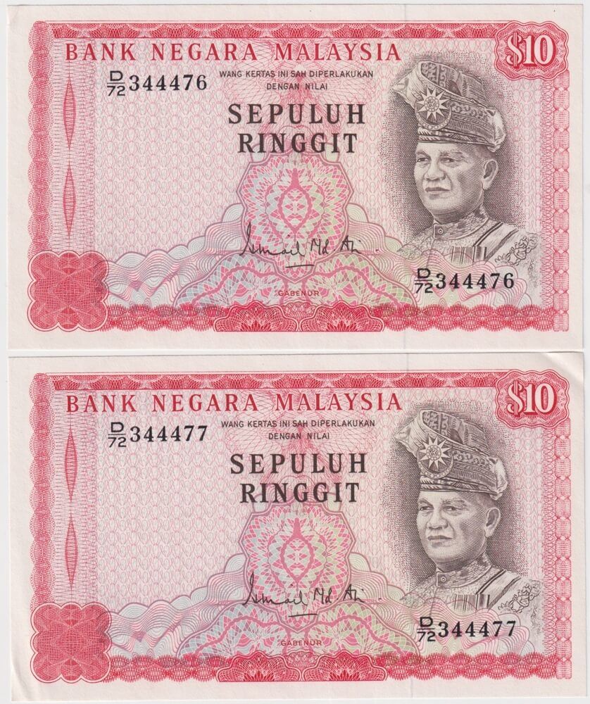 Malaysia 1967 10 Ringgit Consecutive Pair P# 3a good EF product image