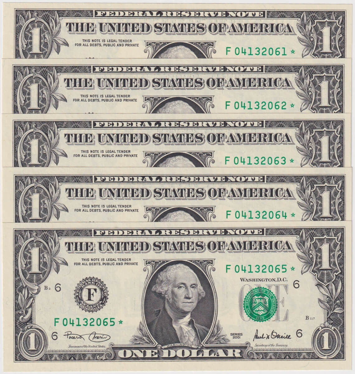 United States (Atlanta) 2001 Consecutive Run of 5 1 Dollar Star Notes P#509 Uncirculated product image