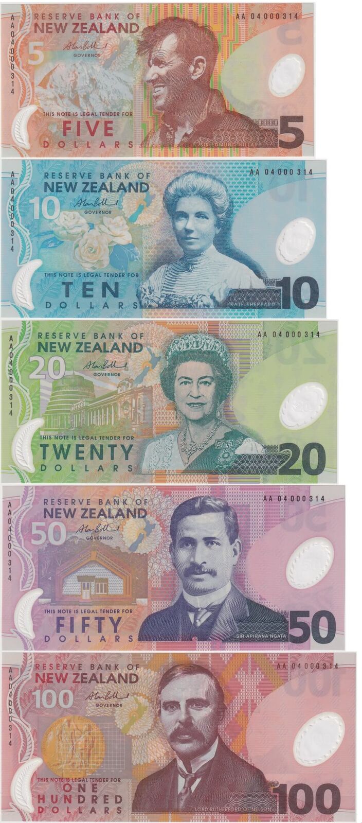 New Zealand 2004 Complete Set of 5 Banknotes AA04 Matching Serials Uncirculated product image