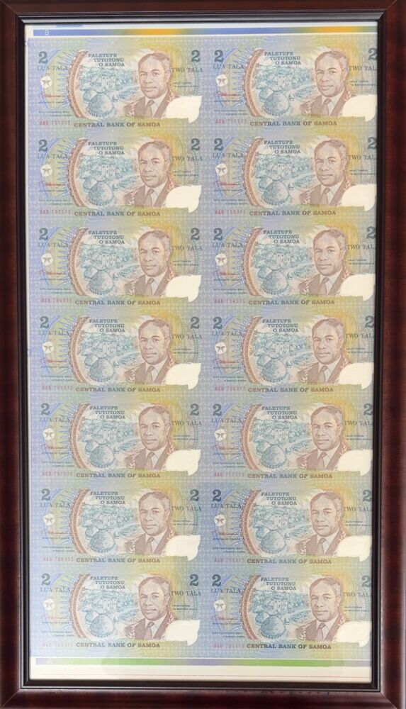 Samoa 1990 2 Tala Uncut Sheet of 14 Notes in Frame Uncirculated product image