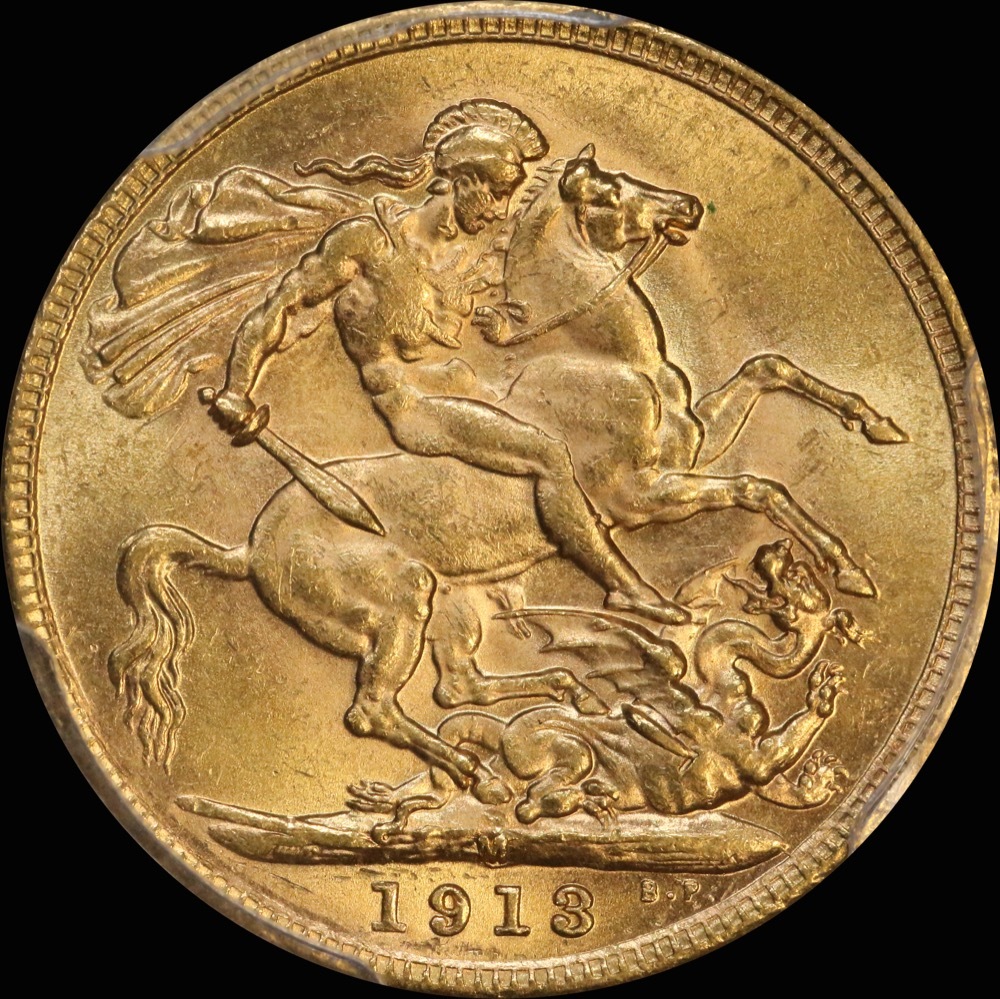 1913 Melbourne George V Large Head Sovereign Choice Unc (PCGS MS63) product image