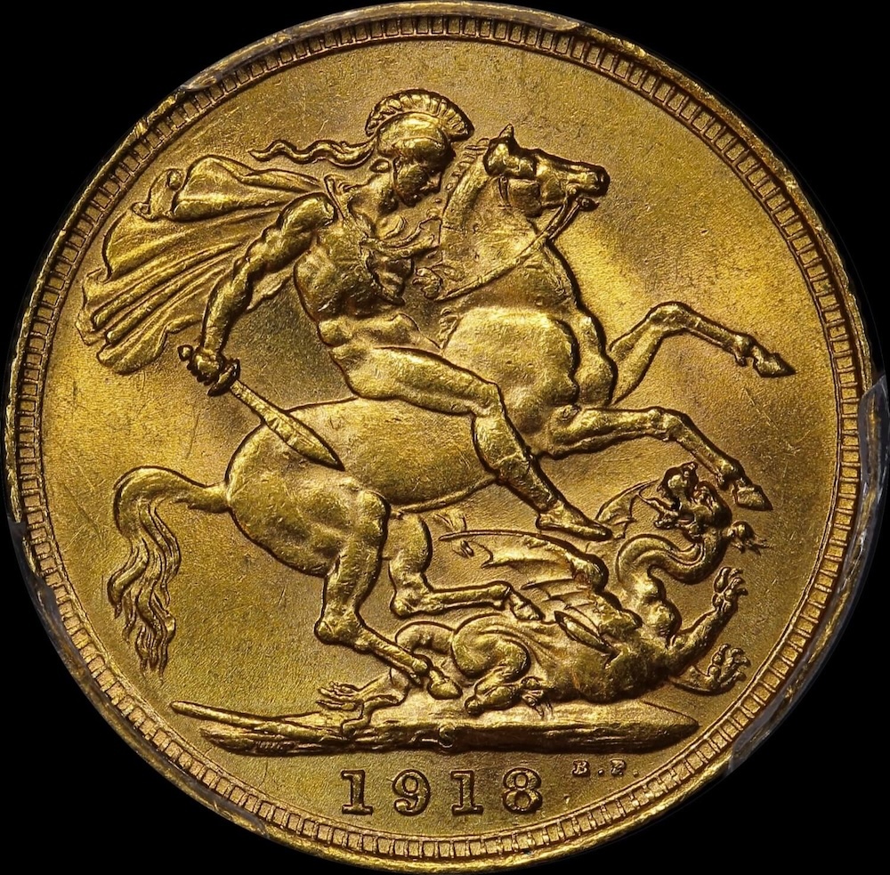 1918 Sydney George V Large Head Sovereign Unc (PCGS MS61) product image